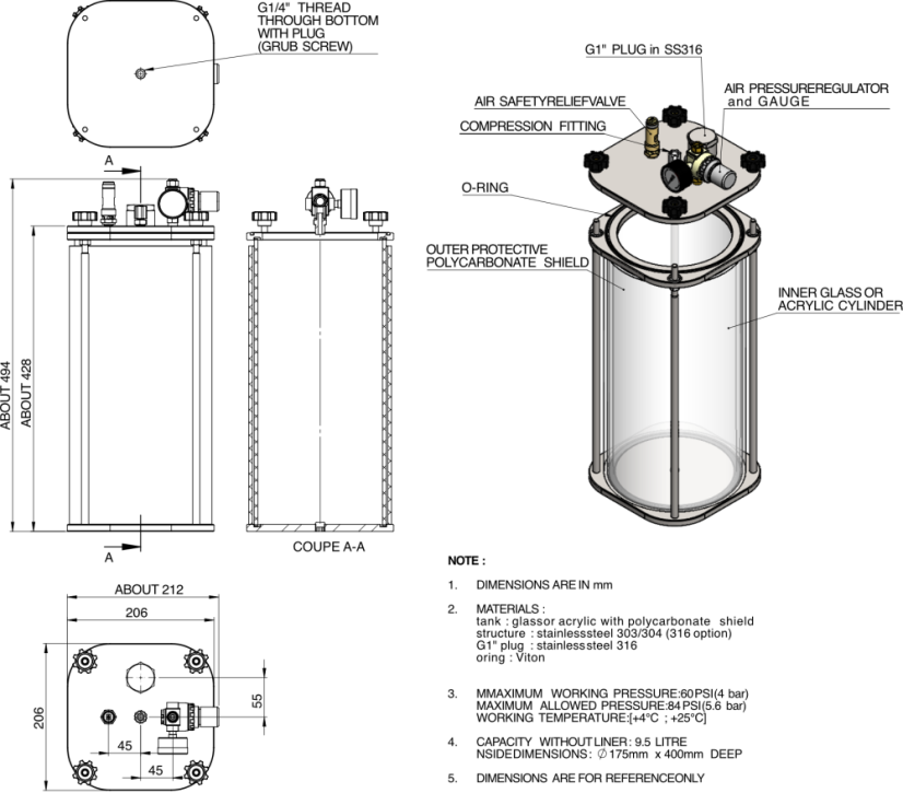 10L przezroczysty zbiornik ciśnieniowy – akrylowy płaszcz + stal nierdzewna 304 - ER